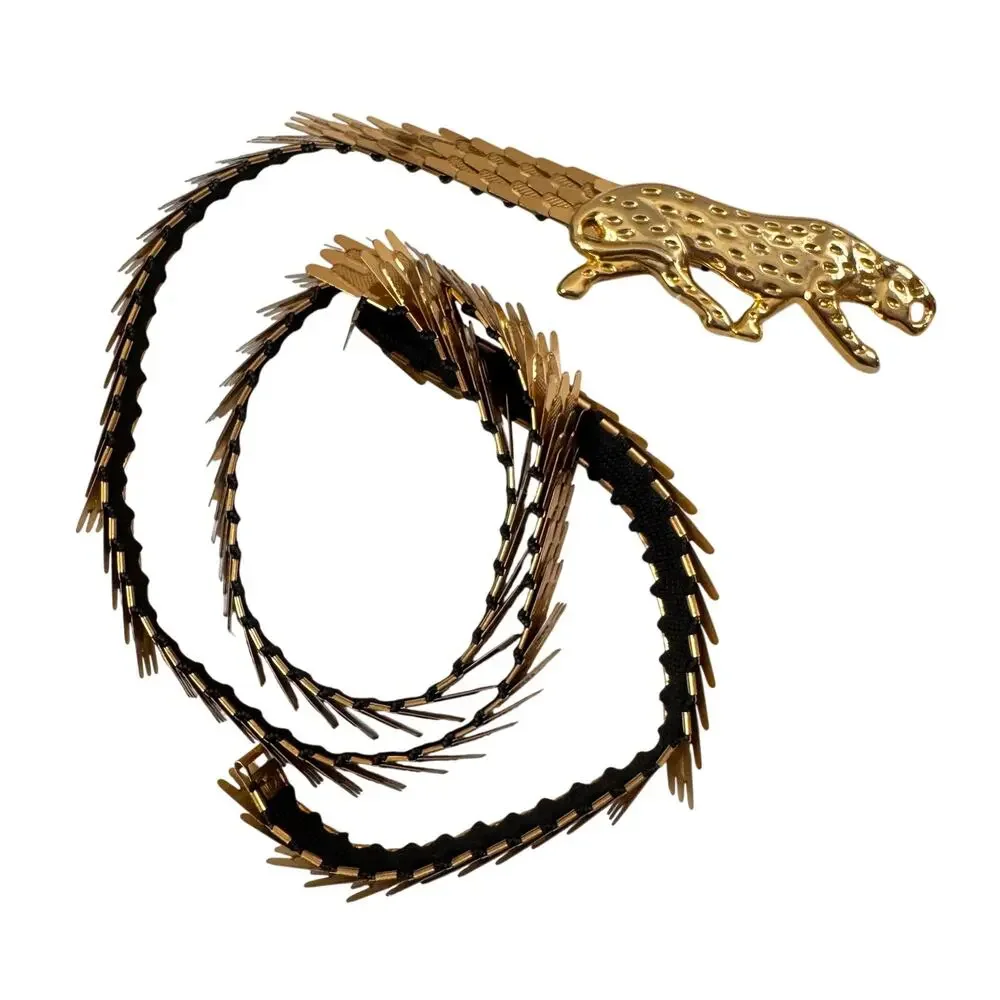 Vintage Women's Elastic Belt Black Gold Tone Dragon Scale Cheetah Brass Buckle